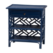 bali & pari Tiaret Natural Rattan Nightstand with Drawer and Shelves - Chippendale -Style Bedside Table for Bedroom or Coastal Living Spaces, Blue Baxton Studio restaurant furniture, hotel furniture, commercial furniture, wholesale bedroom furniture, wholesale night stand, classic night stand